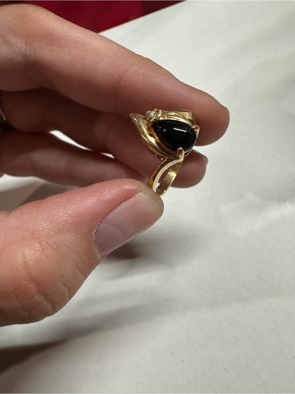 Vintage Gold Tone Pear Cut Black Onyx & Rhinestone Bypass Ring
